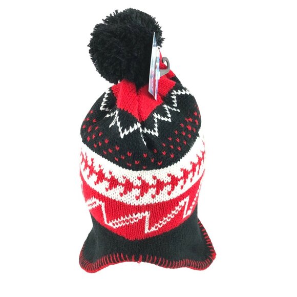 Polar Wear Kids Beanie Hat Ear Flaps Fleece Lined Striped Knit Pom Red Black OS - Picture 4 of 6